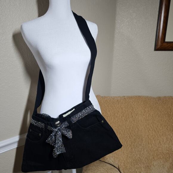 Eddie Bauer Recycled Black Denim Jeans Crossbody Hobo Bohemian Handbag - Picture 1 of 14
